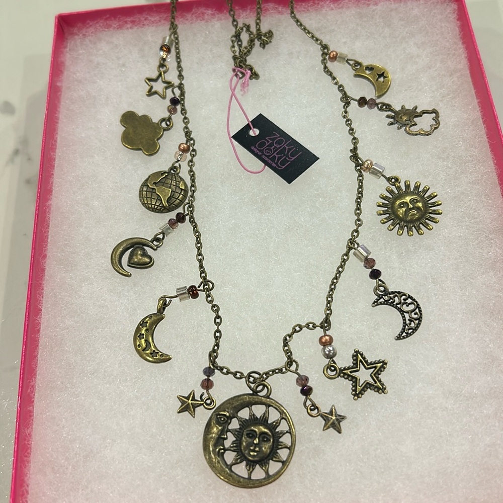 Antiqued Gold Celestial Sun, Stars & Moon Charm Necklace-Boutique